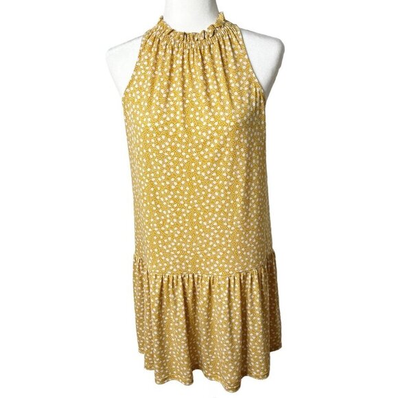 Banana Republic Women Petite Knit Flounce Shift Dress PS Yellow Print Sleeveless - Picture 1 of 8